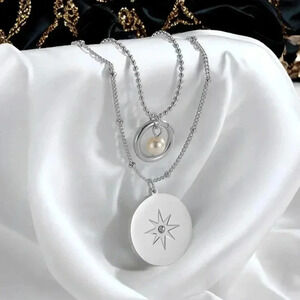 🆕️18K White Gold Plated Star Charm Minimalist Layered Necklace Faux Pearl